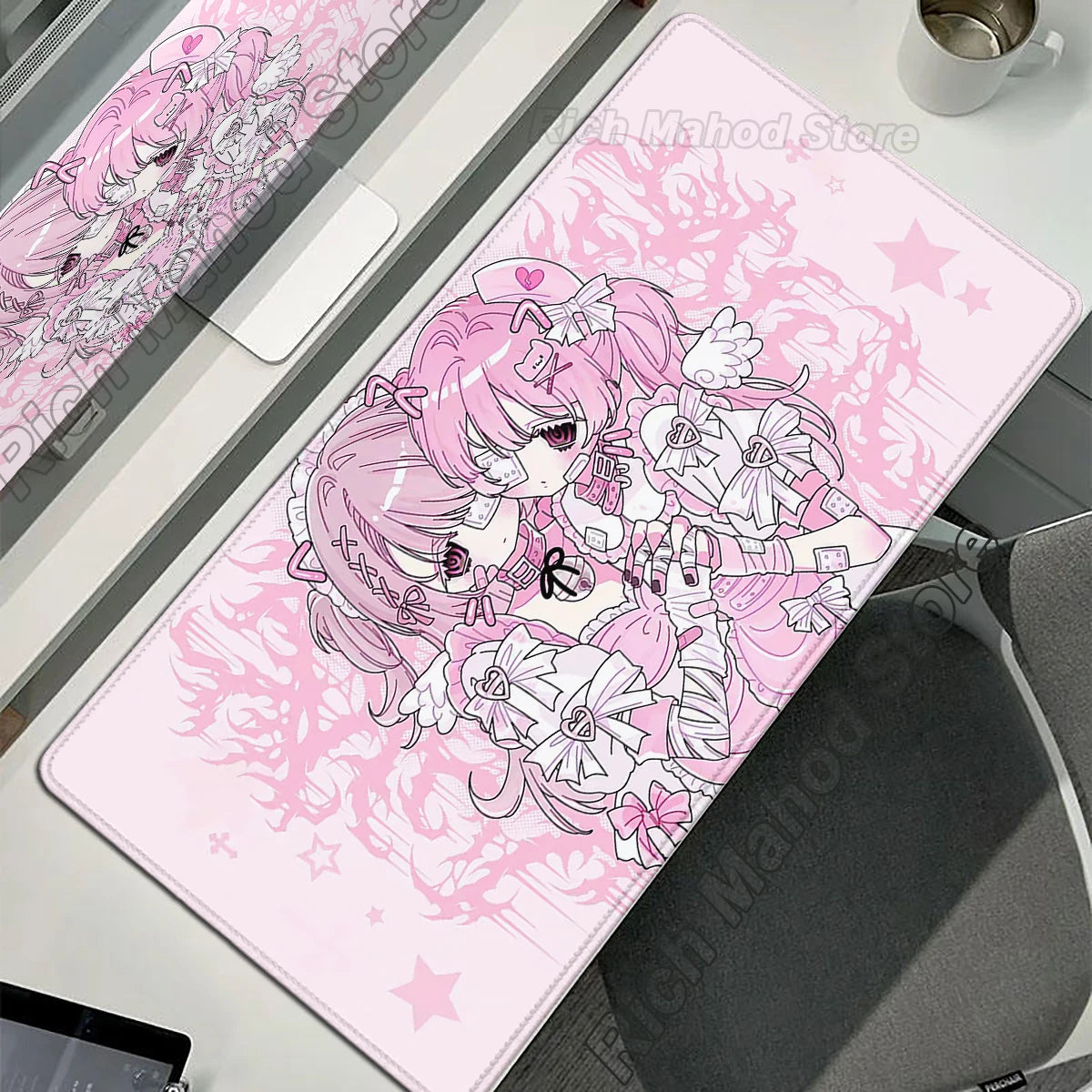 Mouse Pad Gamer Kawaii Anime Angel Girls XXL – Base Antiderrapante Rosa