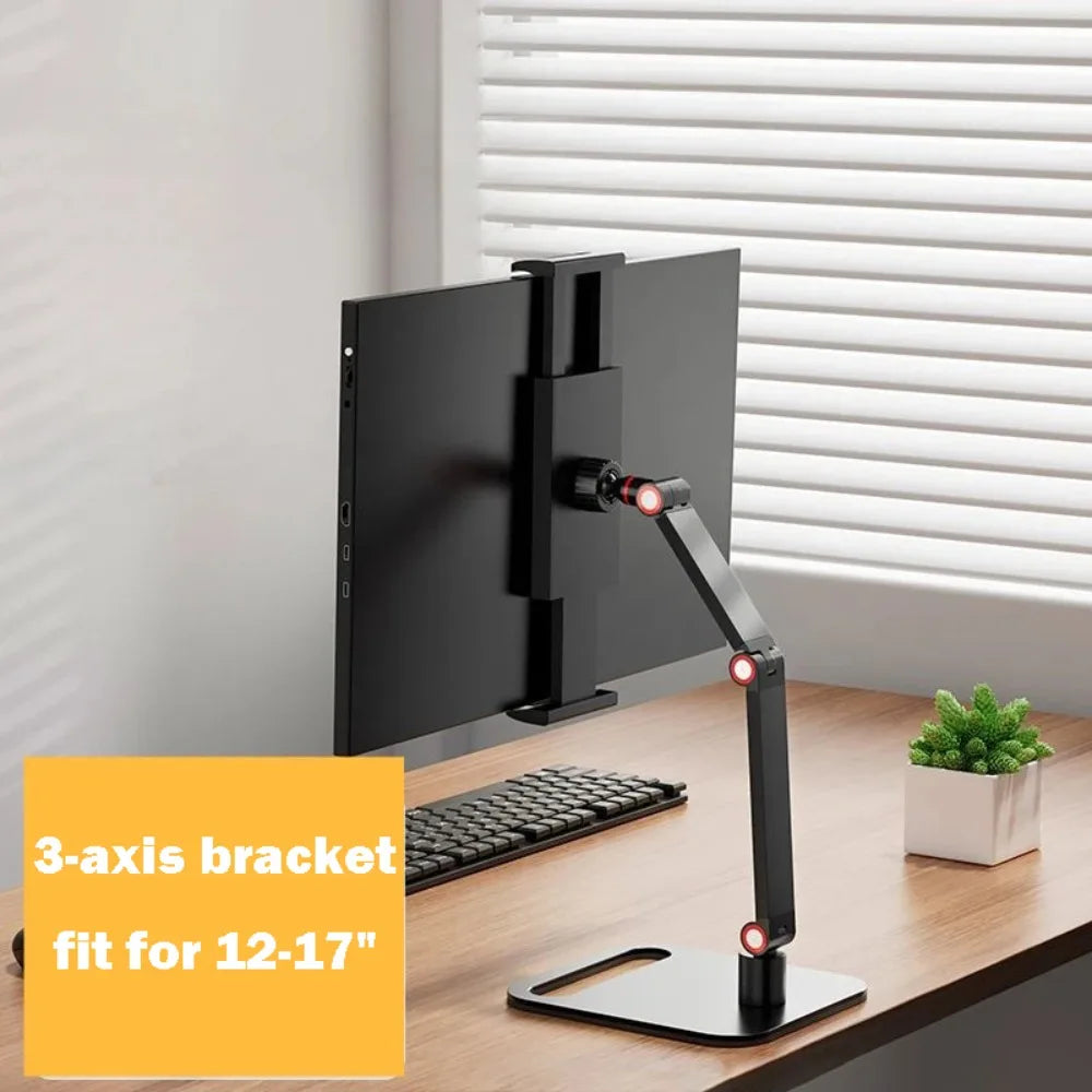 Suporte de Mesa Articulado para Monitor Portátil e Tablet – Base de Alumínio com Rotação 360° e Braço Dobrável Ajustável