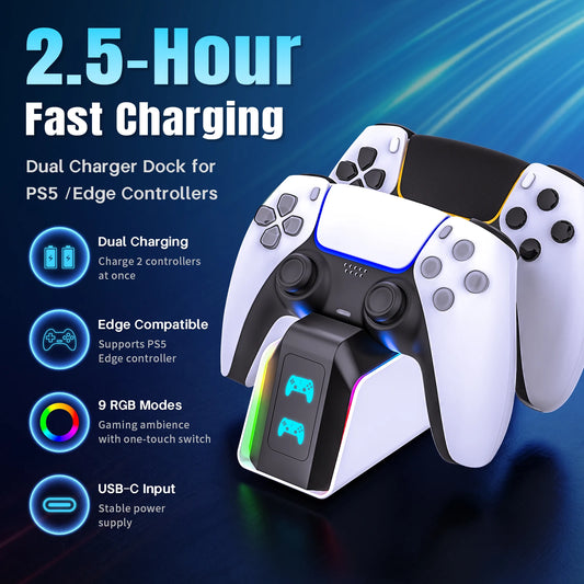 Base Carregadora para 2 Controles PS5 DualSense e Edge com LED RGB