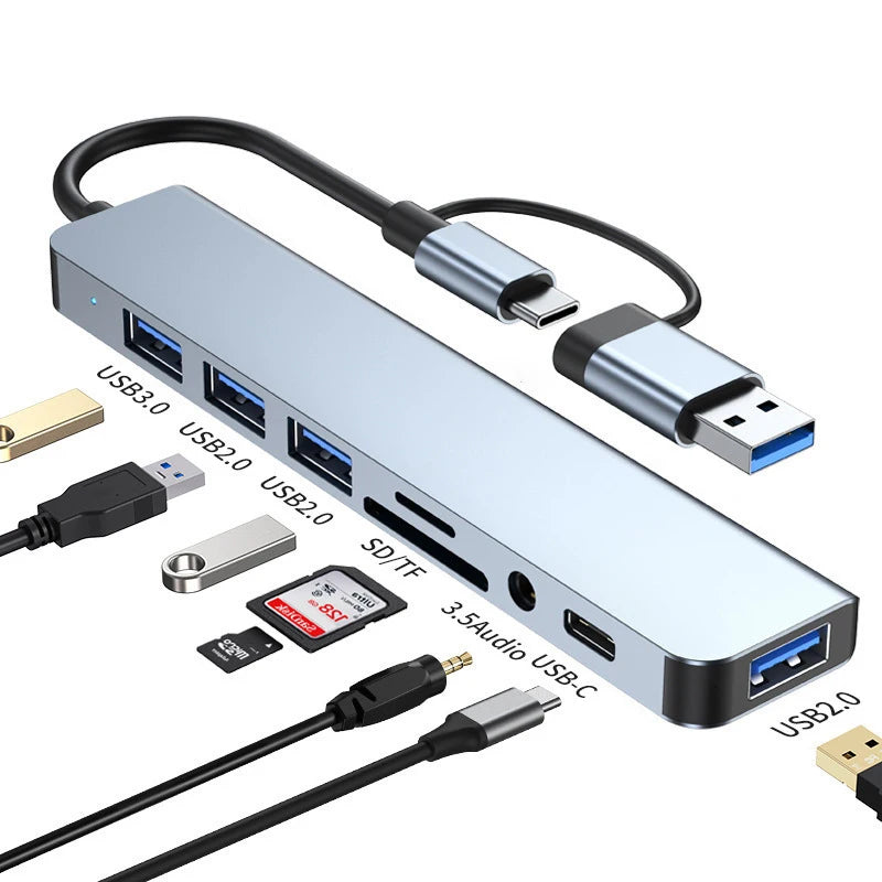 Hub Docking Station 8 em 2 USB + Type-C com Entrada de Áudio 3.5mm e Leitor de Cartão