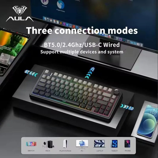 Teclado Mecânico Gamer AULA F75 75% RGB Tri-Mode 2.4G Bluetooth USB