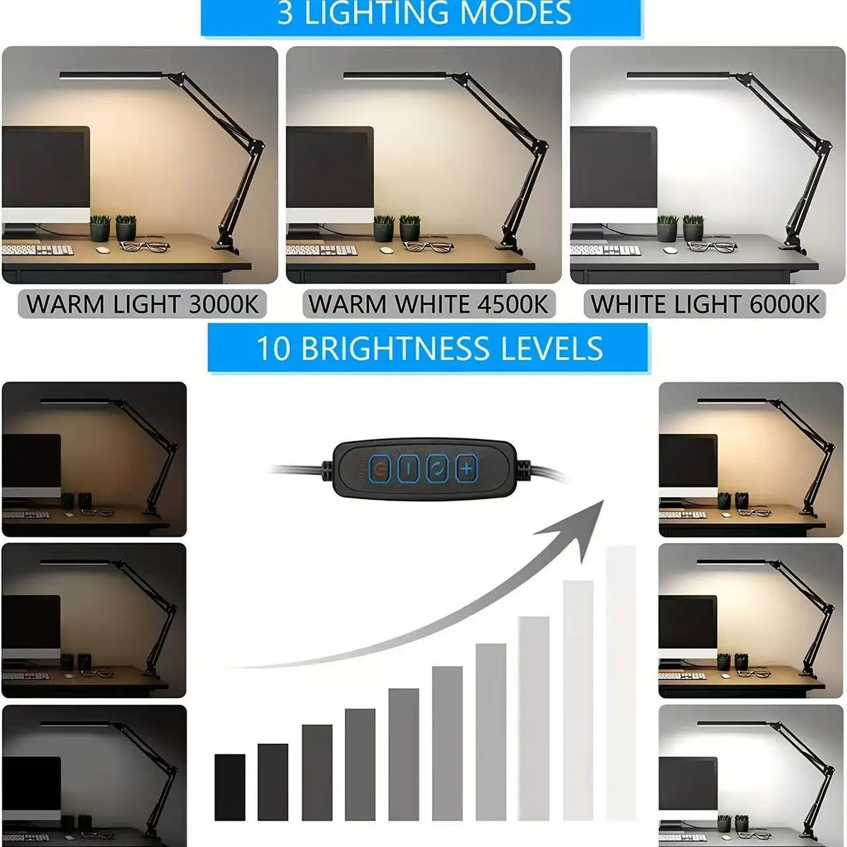 Luminária LED de Mesa com Presilha — 3 Cores e 10 Níveis