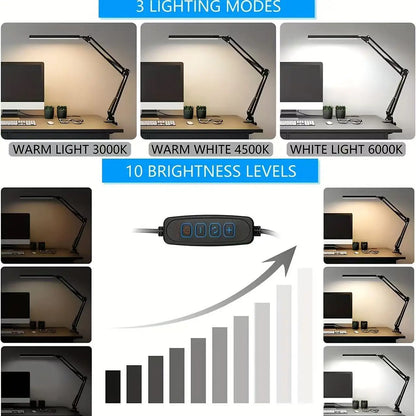 Luminária LED de Mesa com Presilha — 3 Cores e 10 Níveis