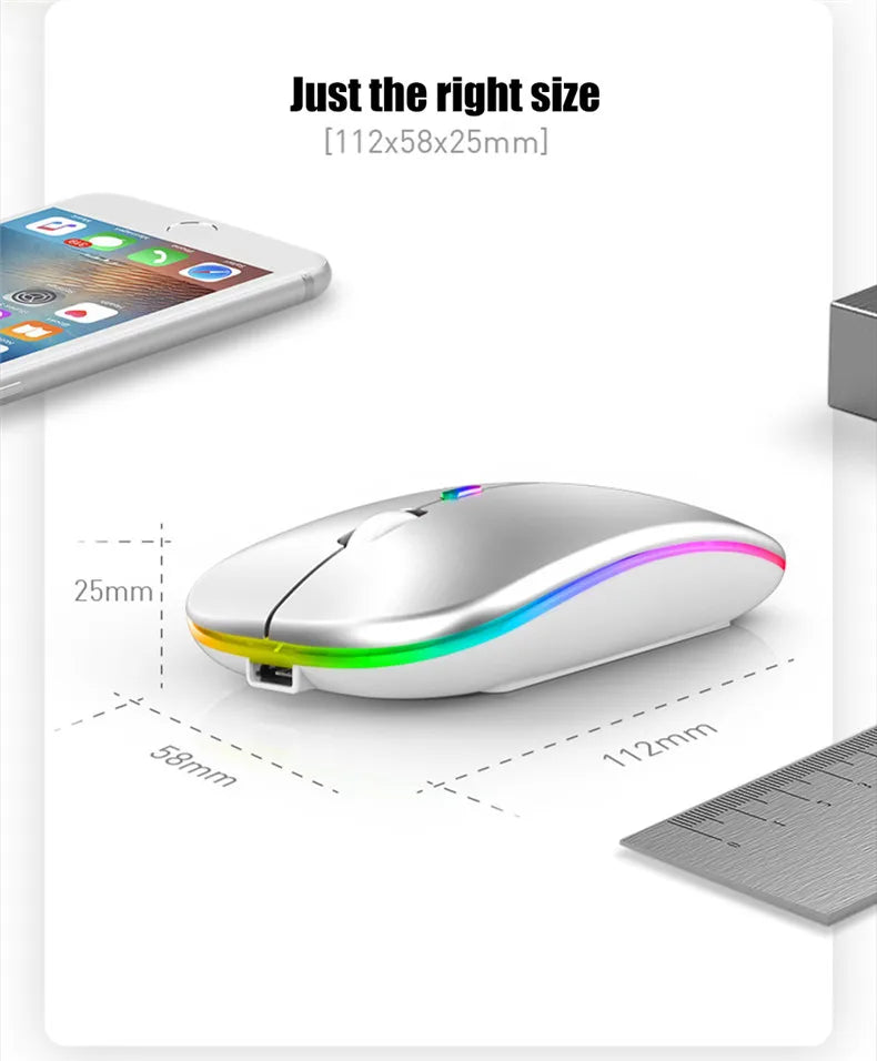 Mouse Sem Fio Recarregável Dual Mode (Bluetooth 5.2 + 2.4GHz) – Clique Silencioso e LED
