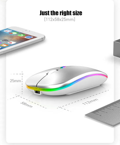 Mouse Sem Fio Recarregável Dual Mode (Bluetooth 5.2 + 2.4GHz) – Clique Silencioso e LED
