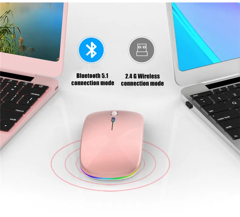 Mouse Sem Fio Recarregável Dual Mode (Bluetooth 5.2 + 2.4GHz) – Clique Silencioso e LED