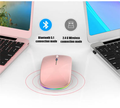Mouse Sem Fio Recarregável Dual Mode (Bluetooth 5.2 + 2.4GHz) – Clique Silencioso e LED