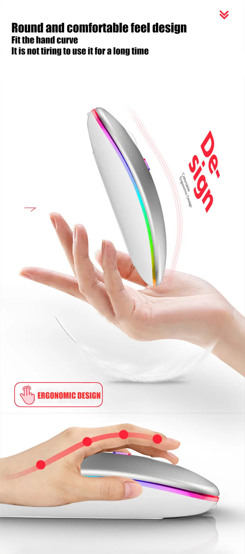 Mouse Sem Fio Recarregável Dual Mode (Bluetooth 5.2 + 2.4GHz) – Clique Silencioso e LED