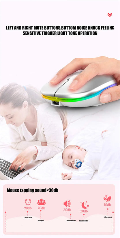 Mouse Sem Fio Recarregável Dual Mode (Bluetooth 5.2 + 2.4GHz) – Clique Silencioso e LED