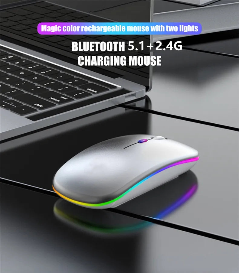 Mouse Sem Fio Recarregável Dual Mode (Bluetooth 5.2 + 2.4GHz) – Clique Silencioso e LED