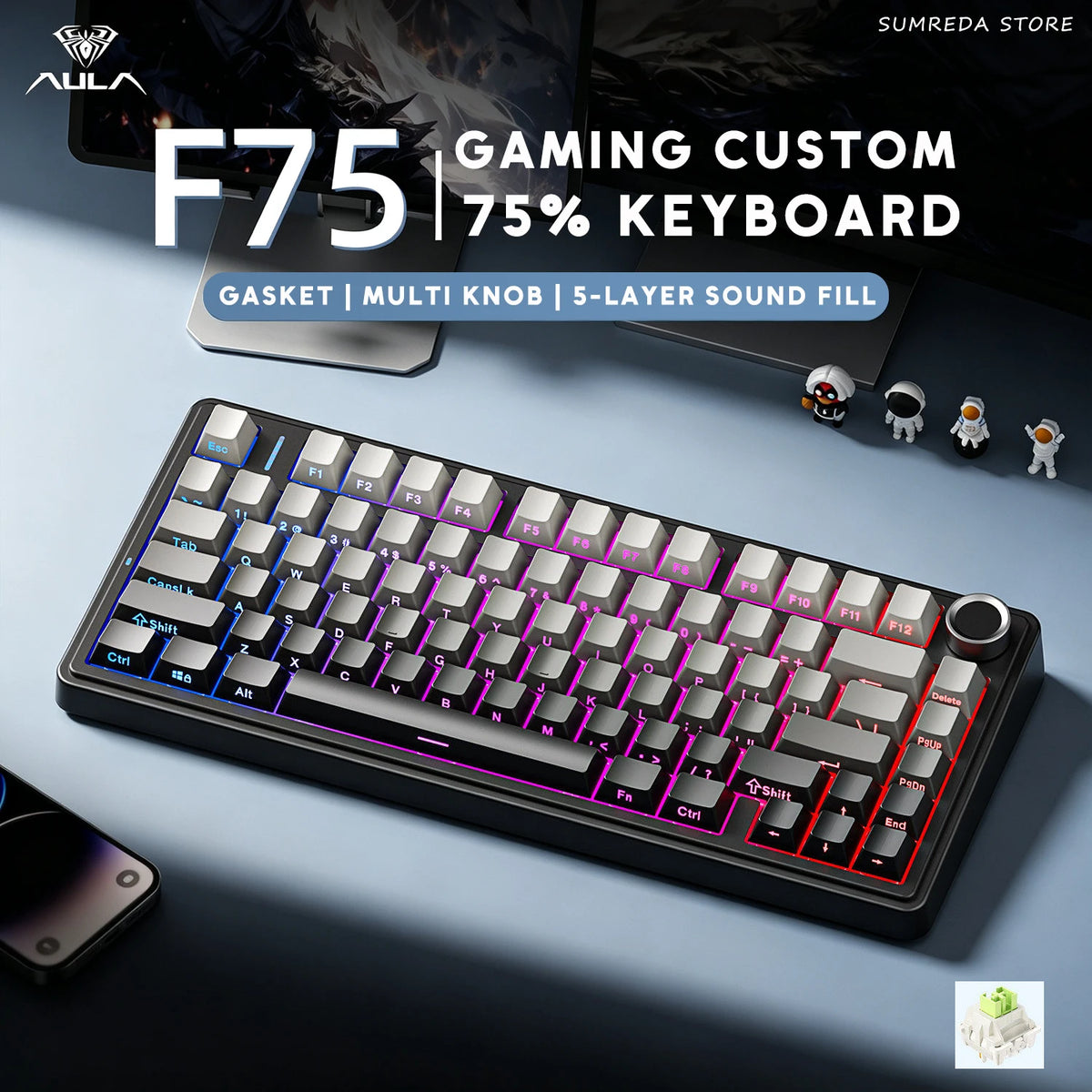 Teclado Mecânico Gamer AULA F75 75% RGB Hot-Swap Bluetooth 2.4G USB