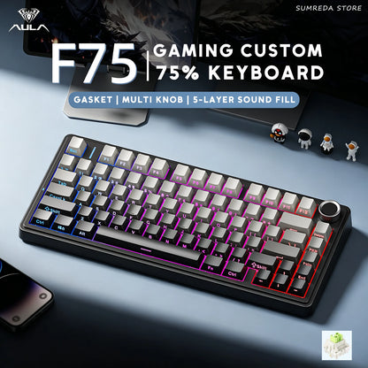 Teclado Mecânico Gamer AULA F75 75% RGB Hot-Swap Bluetooth 2.4G USB