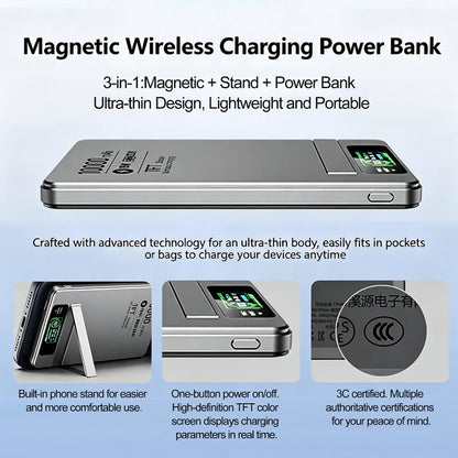 Carregador Portátil Power Bank Magnético 3 em 1 luxuglow – Carregamento Rápido Sem Fio (15W), Saída USB-C (20W), Suporte Retrátil e Display Digital para iPhone, Apple Watch e AirPods
