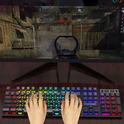 Kit Teclado Mecânico Gamer 104 Teclas Retroiluminado Rainbow e Mouse Com Fio – À Prova de Respingos