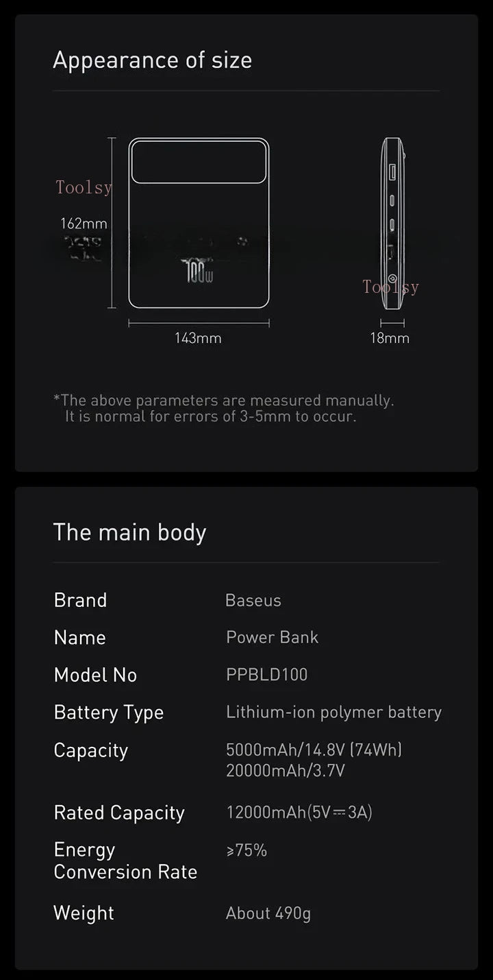 Power Bank Baseus Blade 20000mAh 100W Ultra-Slim com Display Digital Inteligente