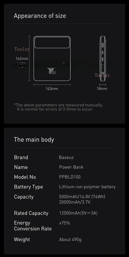 Power Bank Baseus Blade 20000mAh 100W Ultra-Slim com Display Digital Inteligente