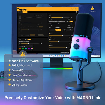 Microfone Dinâmico de Alta Performance MAONO PD100X – Conexão Híbrida USB/XLR, Estúdio de Gravação, Filtro Digital de Ruído e Iluminação RGB Customizável