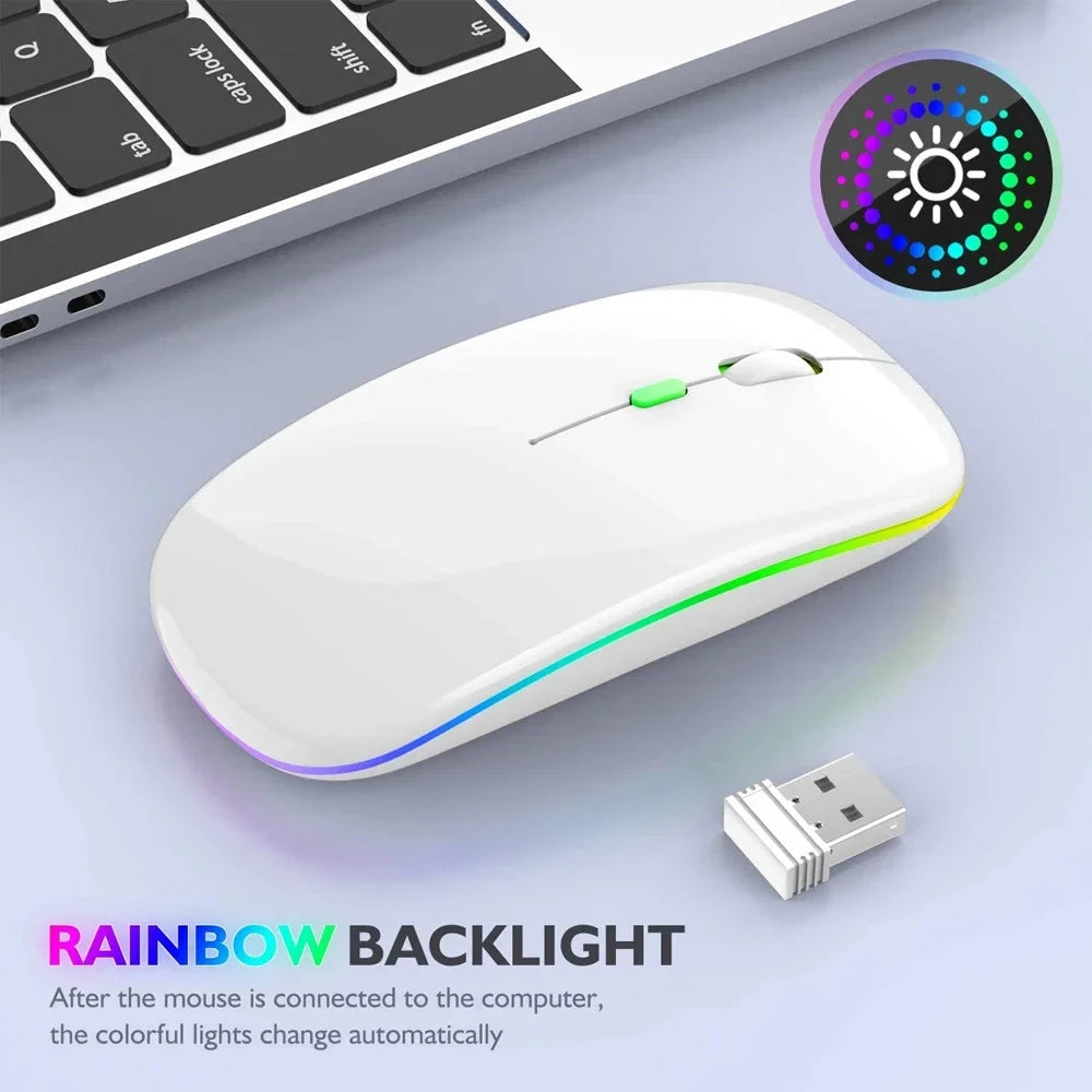 Mouse Sem Fio Recarregável Dual Mode (Bluetooth 5.2 + 2.4GHz) – Clique Silencioso e Iluminação LED Backlit
