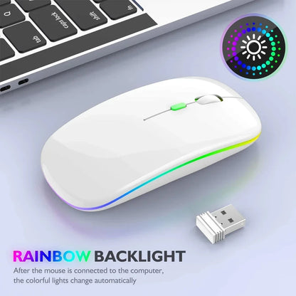 Mouse Sem Fio Recarregável Dual Mode (Bluetooth 5.2 + 2.4GHz) – Clique Silencioso e LED