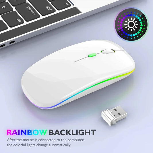 Mouse Sem Fio Recarregável Dual Mode (Bluetooth 5.2 + 2.4GHz) – Clique Silencioso e Iluminação LED Backlit