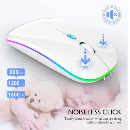 Mouse Sem Fio Recarregável Dual Mode (Bluetooth 5.2 + 2.4GHz) – Clique Silencioso e LED