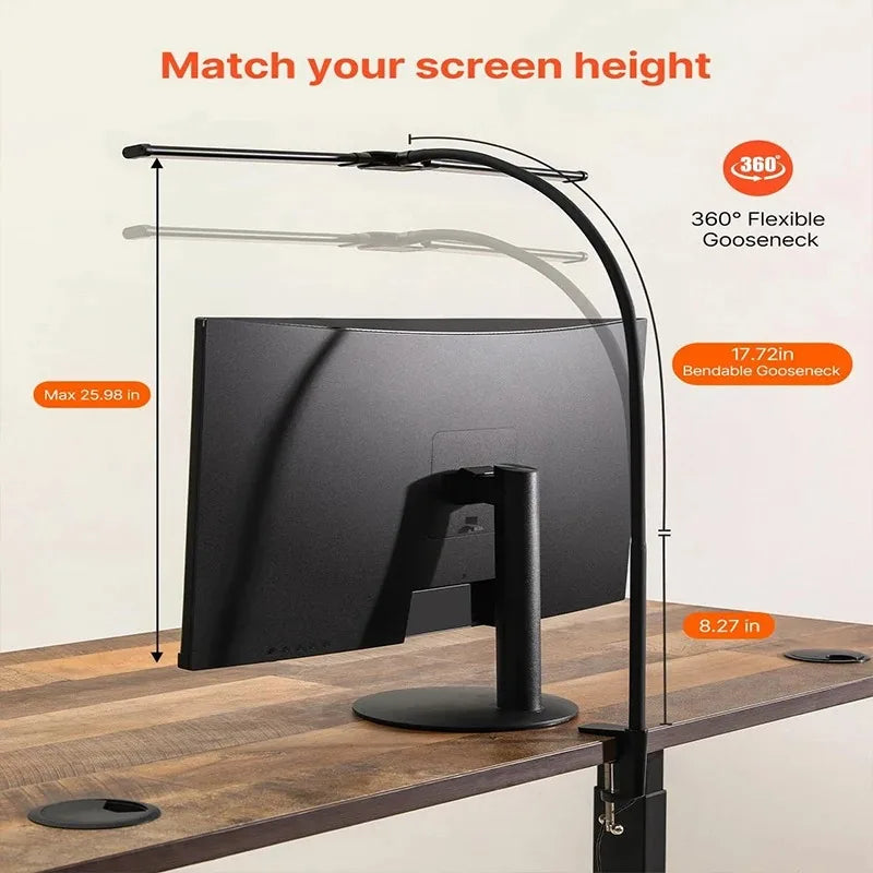 Luminária de Mesa LED Articulada Dupla LINYILIGHT – Lâmpada de Monitor USB com Ajuste de Ângulo de 360°, 5 Modos de Cor, Dimerizável e Proteção Ocular para Escritório