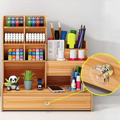 Organizador de Mesa em Madeira Modular DIY com Porta-Canetas e Gaveta Integrada