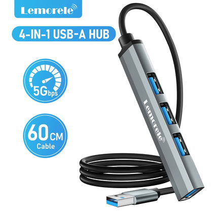 Hub USB Lemorele de Longo Alcance (120cm) com 4 Portas – Alumínio e Conexão Rápida