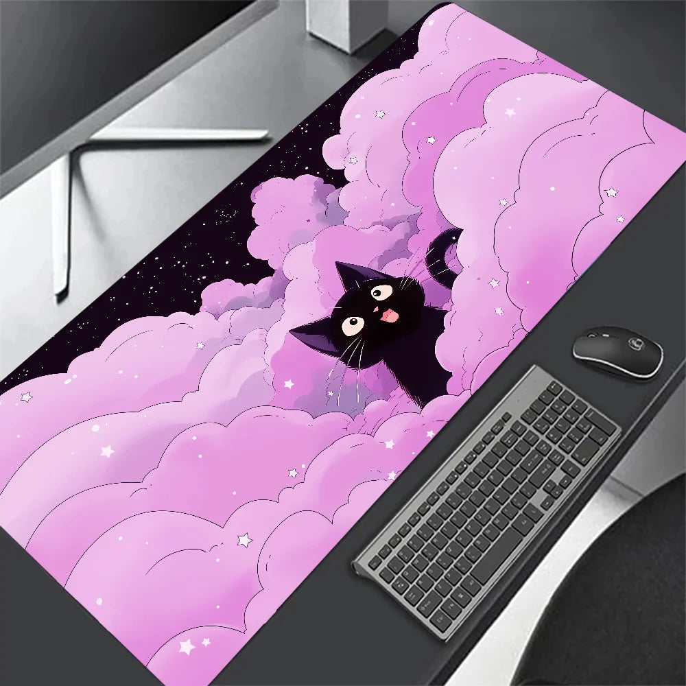Tapete de teclado Black Cat Clouds com entrega rápida, trava de borda, extenso, kawaii, rosa e roxo, para proteção de mesa de escritório, tamanho XXL.