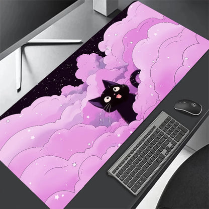 Tapete de teclado Black Cat Clouds com entrega rápida, trava de borda, extenso, kawaii, rosa e roxo, para proteção de mesa de escritório, tamanho XXL.