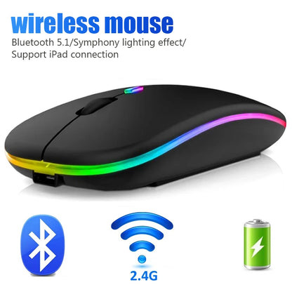 Mouse Sem Fio Dual Mode (Bluetooth + 2.4Ghz) Recarregável com Iluminação RGB e Teclas Silenciosas