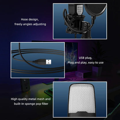 Microfone Condensador USB RGB YTYIN – Microfone de Mesa com Redução de Ruído para Streaming, Podcasts, Gravação em Estúdio, PC e Notebook