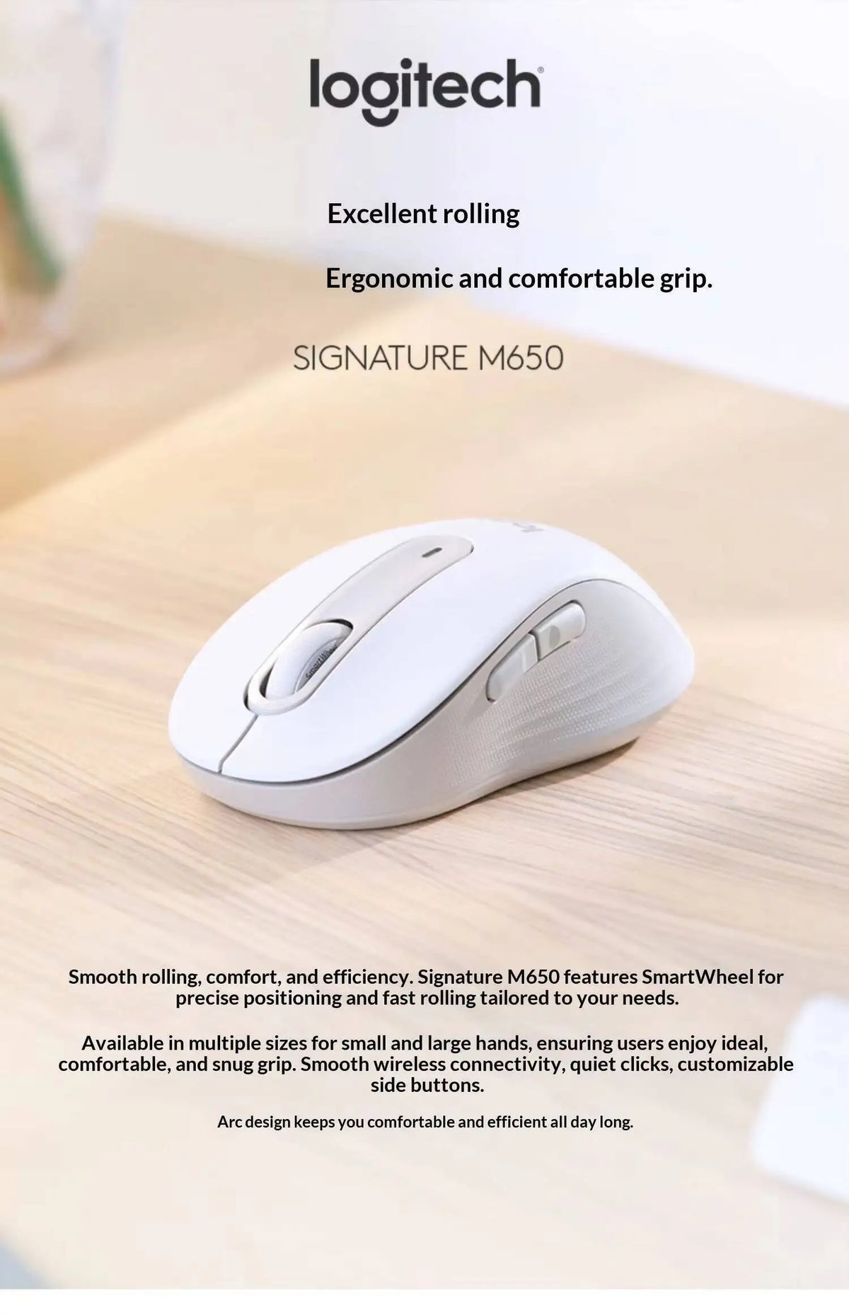Logitech M650 — Mouse Ergonômico Sem Fio