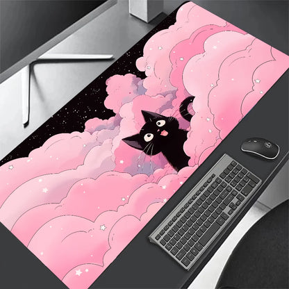 Tapete de teclado Black Cat Clouds com entrega rápida, trava de borda, extenso, kawaii, rosa e roxo, para proteção de mesa de escritório, tamanho XXL.