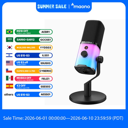 Microfone Dinâmico de Alta Performance MAONO PD100X – Conexão Híbrida USB/XLR, Estúdio de Gravação, Filtro Digital de Ruído e Iluminação RGB Customizável