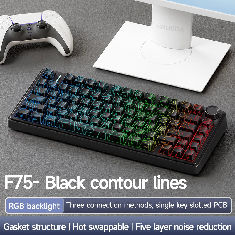 Teclado Mecânico Gamer AULA F75 75% RGB Tri-Mode 2.4G Bluetooth USB