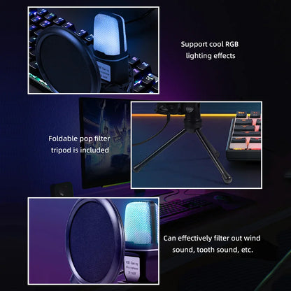Microfone Condensador USB RGB YTYIN – Microfone de Mesa com Redução de Ruído para Streaming, Podcasts, Gravação em Estúdio, PC e Notebook