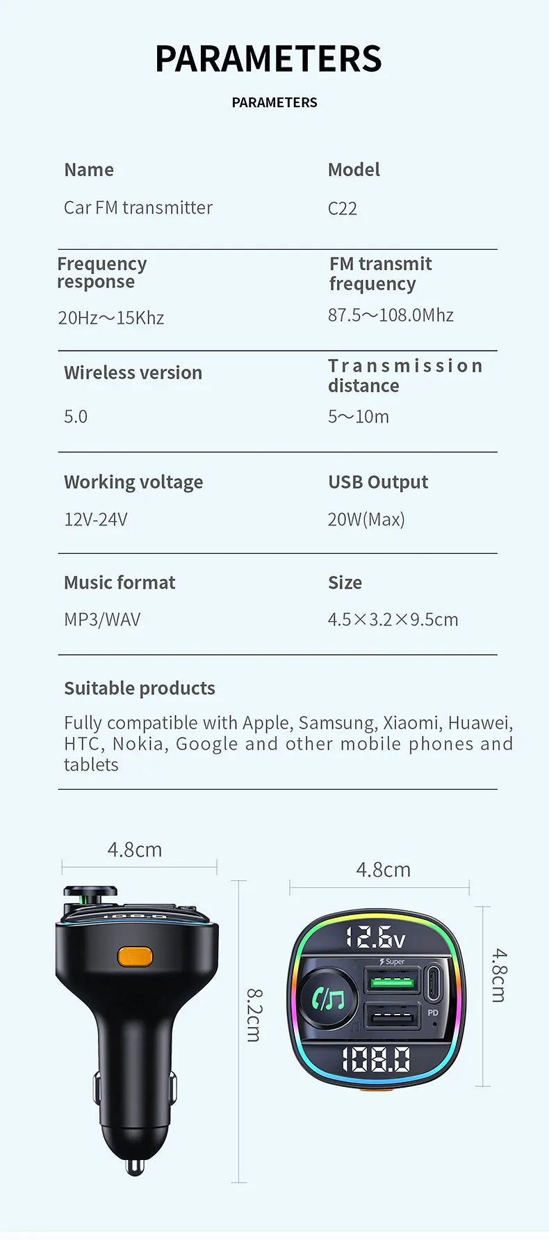 DYBO C22 — Transmissor FM Bluetooth 5.0 para Carro