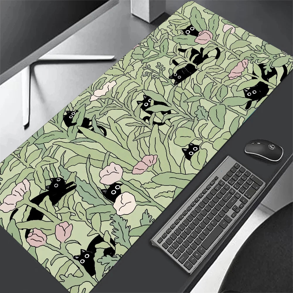 Tapete de teclado Black Cat Clouds com entrega rápida, trava de borda, extenso, kawaii, rosa e roxo, para proteção de mesa de escritório, tamanho XXL.