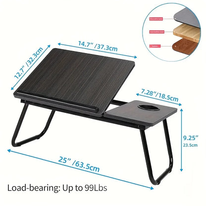 Mesa de Colo Multi-Funcional com Suporte para Copo SCSTARTX – Bandeja Dobrável Portátil, Tampo de Madeira com Ajuste de Altura e Estrutura de Ferro para Laptop