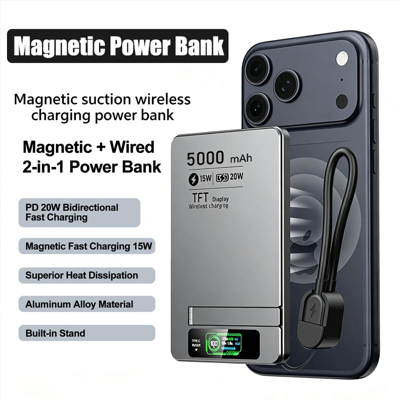 Carregador Portátil Power Bank Magnético 3 em 1 luxuglow – Carregamento Rápido Sem Fio (15W), Saída USB-C (20W), Suporte Retrátil e Display Digital para iPhone, Apple Watch e AirPods