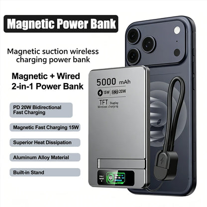 Carregador Portátil Power Bank Magnético 3 em 1 luxuglow – Carregamento Rápido Sem Fio (15W), Saída USB-C (20W), Suporte Retrátil e Display Digital para iPhone, Apple Watch e AirPods