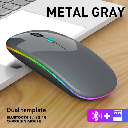 Mouse Sem Fio Dual Mode (Bluetooth + 2.4Ghz) Recarregável com Iluminação RGB e Teclas Silenciosas