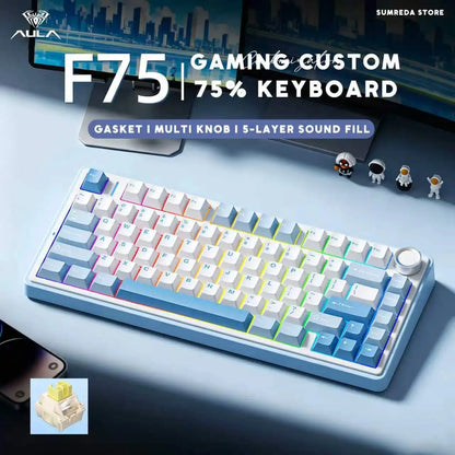 Teclado Mecânico Gamer AULA F75 75% RGB Hot-Swap Bluetooth 2.4G USB