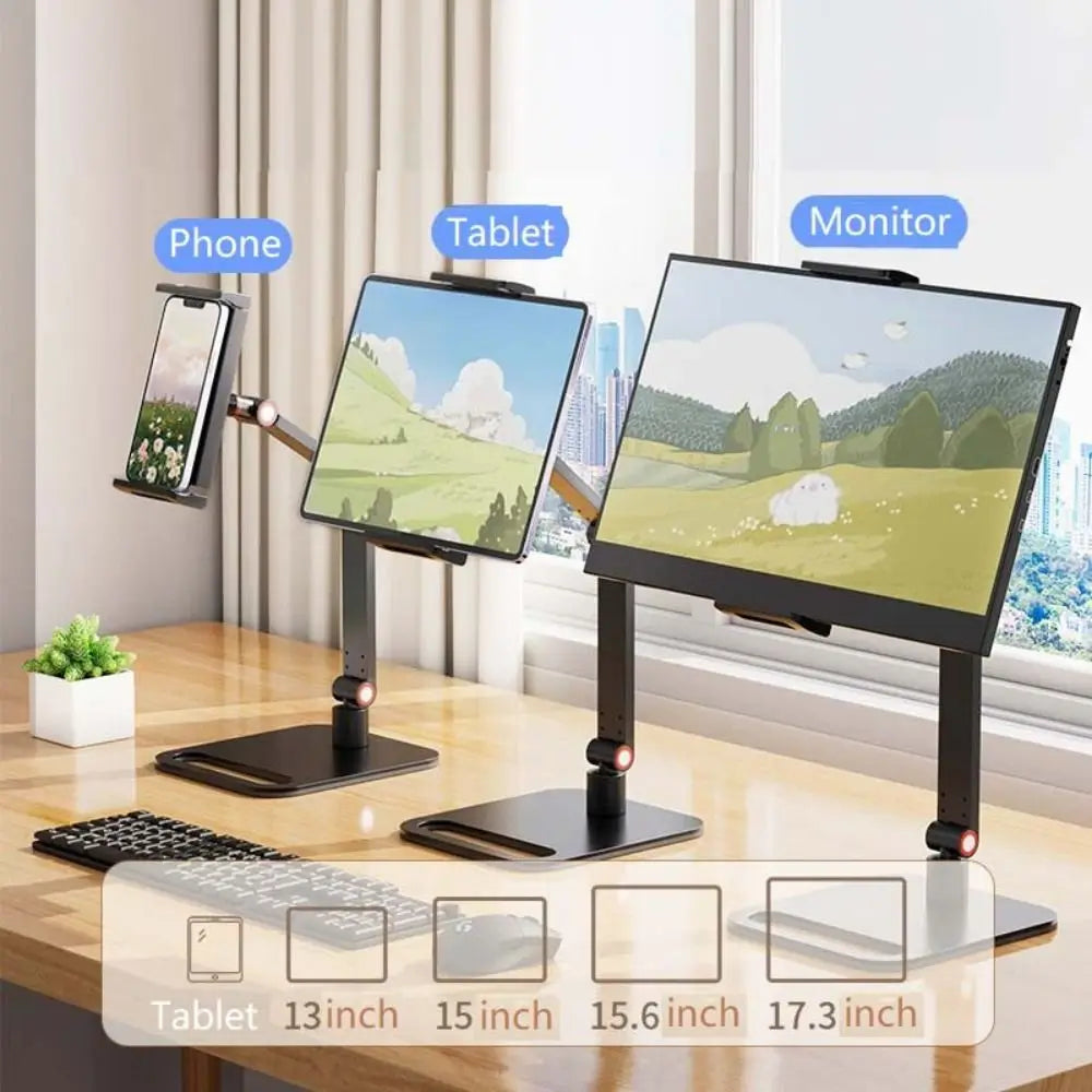 Suporte de Mesa Articulado para Monitor Portátil e Tablet – Base de Alumínio com Rotação 360° e Braço Dobrável Ajustável