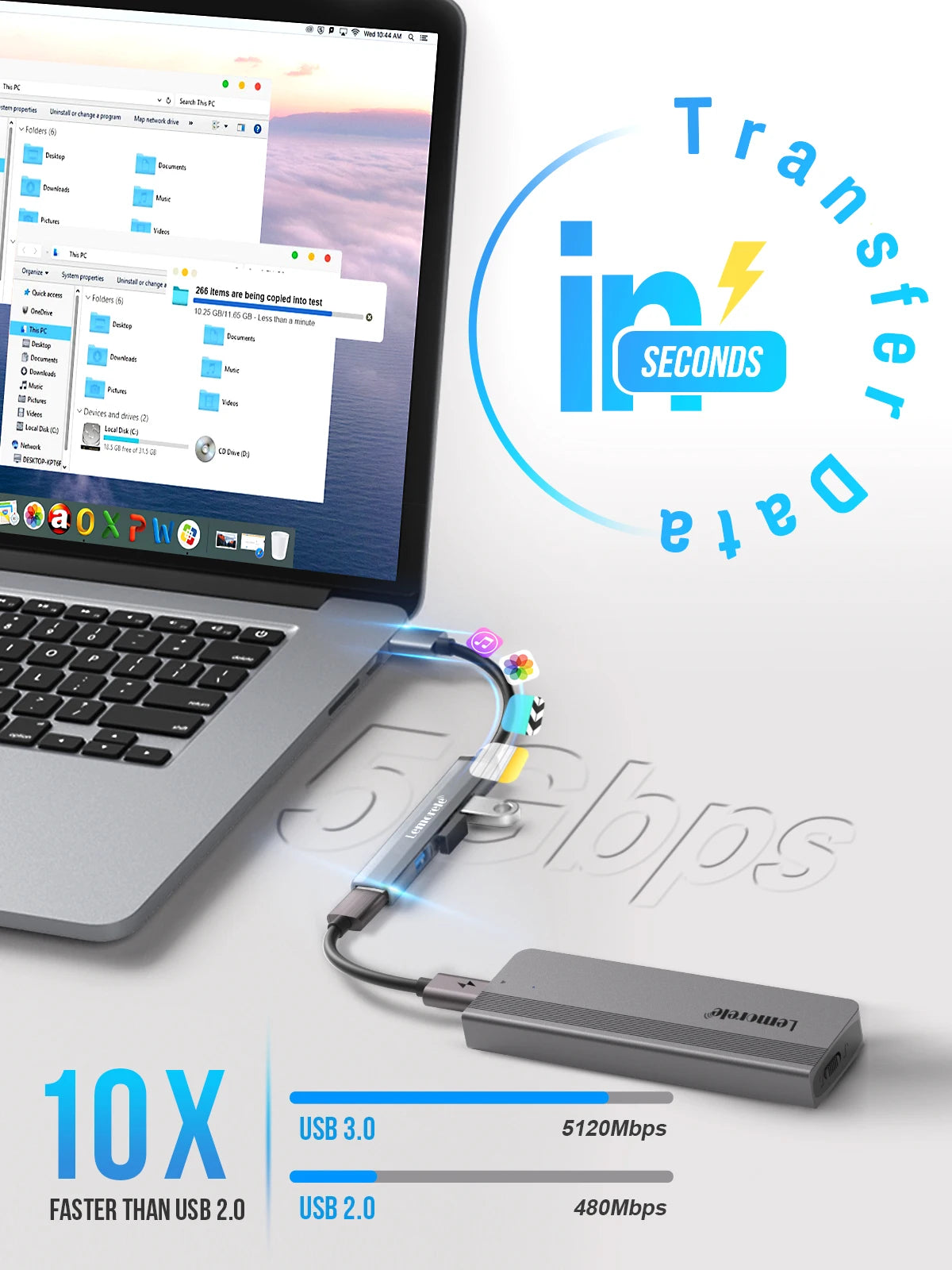 Hub USB Lemorele de Longo Alcance (120cm) com 4 Portas – Alumínio e Conexão Rápida