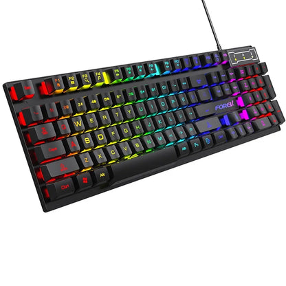 Kit Teclado Mecânico Gamer 104 Teclas Retroiluminado Rainbow e Mouse Com Fio – À Prova de Respingos