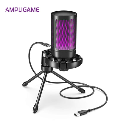 Microfone Condensador USB RGB AmpliGame A2 – Microfone de Mesa com Botão Touch-Mute, Suporte Tripé Integrado e Redução de Ruído para Streamers, Gamers, PC e PS5