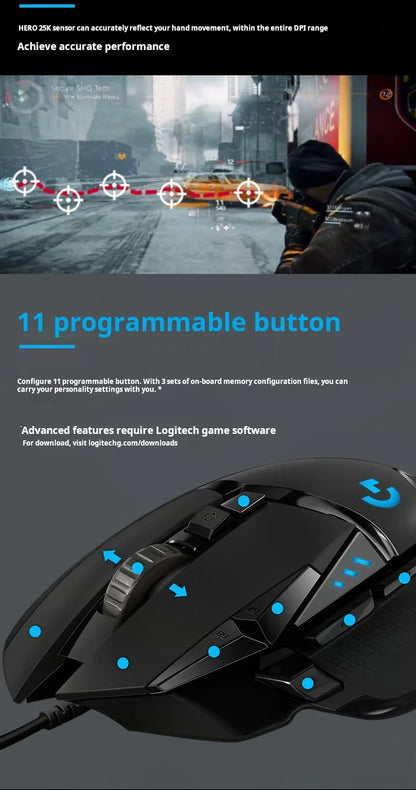 Mouse Gamer Logitech G502 HERO RGB com 11 Botões e 25.600 DPI