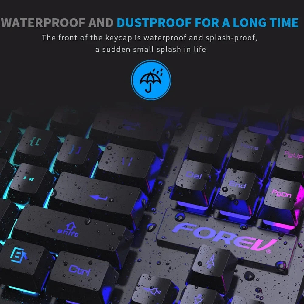 Kit Teclado Mecânico Gamer 104 Teclas Retroiluminado Rainbow e Mouse Com Fio – À Prova de Respingos